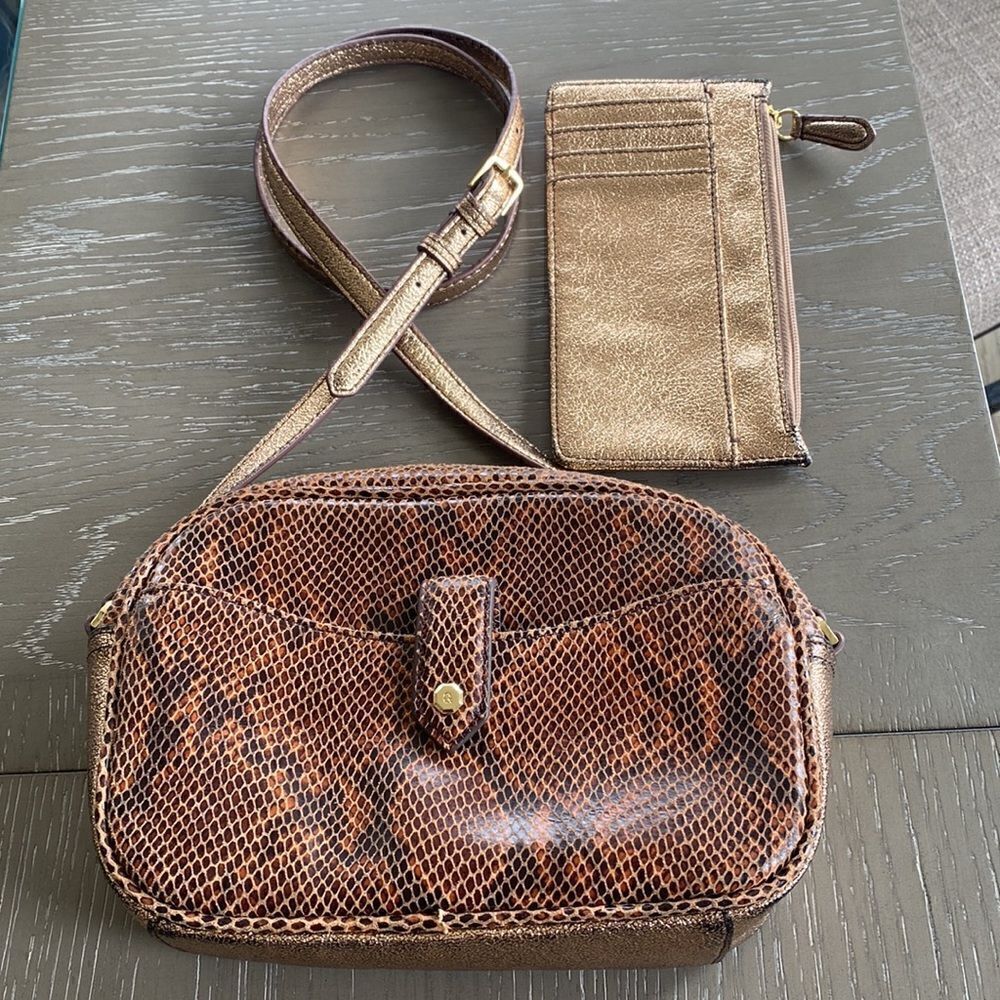 G.I.L.I Women’s Snake Print Leather Gold Rose Crossbody Bag Purse and Wallet Set
